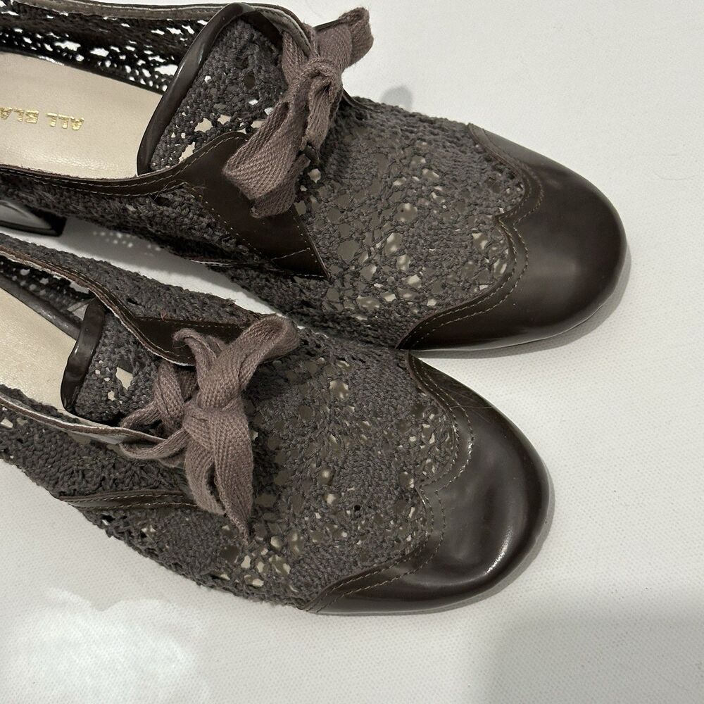 All Black Footwear Crochet Lace Leather Pumps Heels Grey Shoes Womens 8.5 - Picture 3 of 9